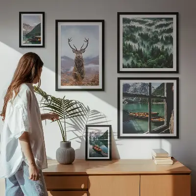 Modernes Wandbilder-Set mit Motiven von Natur, Wildtieren und Bergen