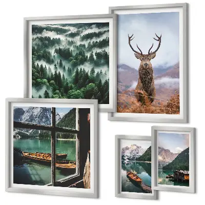 Modernes Wandbilder-Set mit Motiven von Natur, Wildtieren und Bergen
