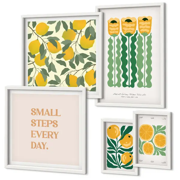 Modernes Wandbilder-Set mit Blumen, Zitrusfrüchten und positiven Slogans