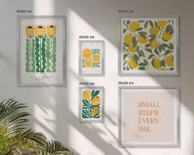 Modernes Wandbilder-Set mit Blumen, Zitrusfrüchten und positiven Slogans