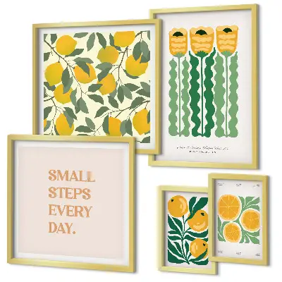 Modernes Wandbilder-Set mit Blumen, Zitrusfrüchten und positiven Slogans