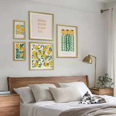 Modernes wandbilder-set Blumen, Zitrusfrüchte, positive Slogans