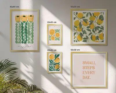 Modernes Wandbilder-Set mit Blumen, Zitrusfrüchten und positiven Slogans