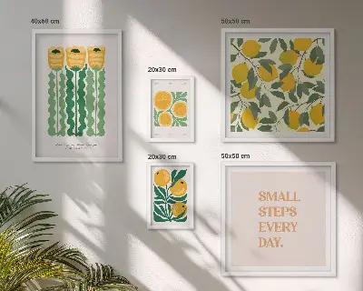 Modernes Wandbilder-Set mit Blumen, Zitrusfrüchten und positiven Slogans