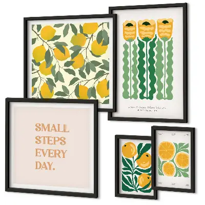 Modernes Wandbilder-Set mit Blumen, Zitrusfrüchten und positiven Slogans