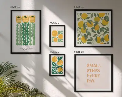 Modernes Wandbilder-Set mit Blumen, Zitrusfrüchten und positiven Slogans