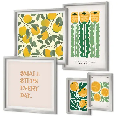Modernes Wandbilder-Set mit Blumen, Zitrusfrüchten und positiven Slogans
