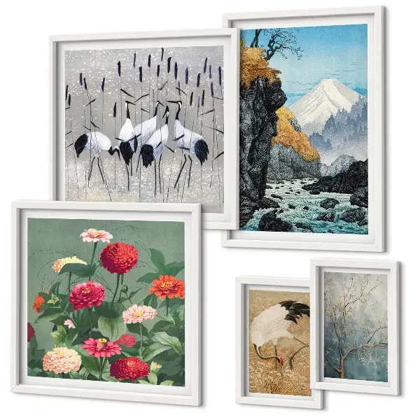 Wandbilder-Set mit Naturlandschaften und Blumenmotiven