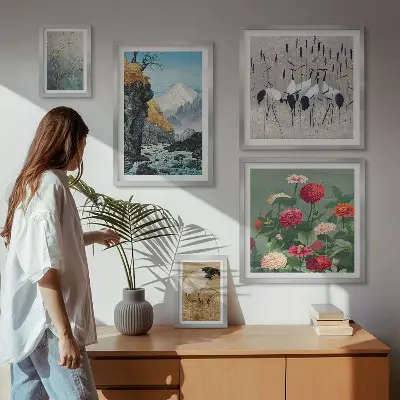 Wandbilder-Set mit Naturlandschaften und Blumenmotiven
