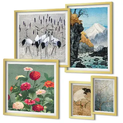 Wandbilder-Set mit Naturlandschaften und Blumenmotiven