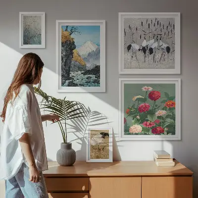 Wandbilder-Set mit Naturlandschaften und Blumenmotiven