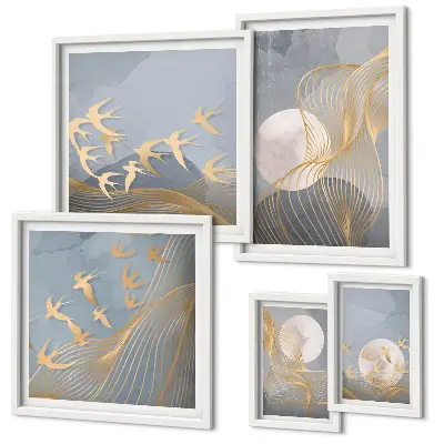 Modernes Wandbilder-Set mit abstrakten Wellen und Vögeln