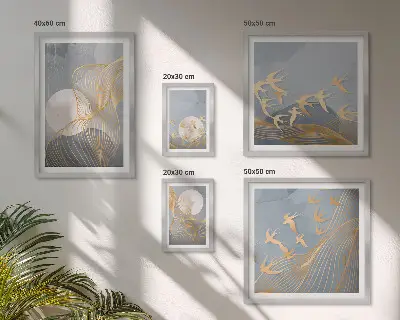 Modernes Wandbilder-Set mit abstrakten Wellen und Vögeln