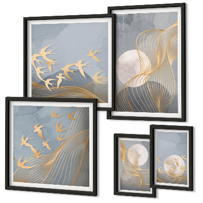 Modernes wandbilder-set Abstrakte Wellen und Vögel