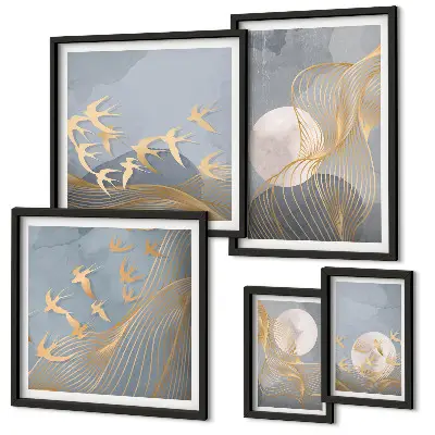 Modernes Wandbilder-Set mit abstrakten Wellen und Vögeln