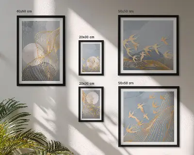 Modernes Wandbilder-Set mit abstrakten Wellen und Vögeln