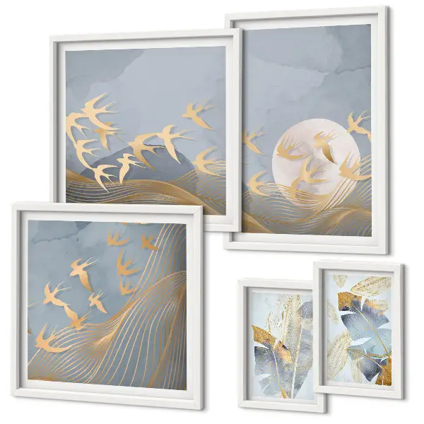 Bildergalerie-Set für die Wand mit dem Motiv stilvolle Vögel lassen die Blätter grau erscheinen