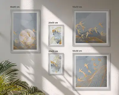 Bildergalerie-Set für die Wand mit dem Motiv stilvolle Vögel lassen die Blätter grau erscheinen