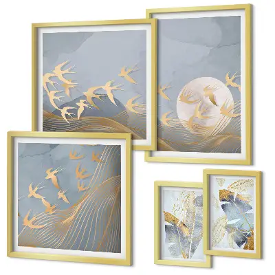 Bildergalerie-Set für die Wand mit dem Motiv stilvolle Vögel lassen die Blätter grau erscheinen