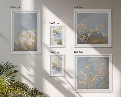 Bildergalerie-Set für die Wand mit dem Motiv stilvolle Vögel lassen die Blätter grau erscheinen