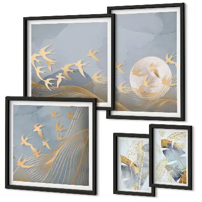 Bildergalerie-Set für die Wand mit dem Motiv stilvolle Vögel lassen die Blätter grau erscheinen