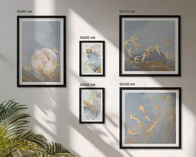Bildergalerie-Set für die Wand mit dem Motiv stilvolle Vögel lassen die Blätter grau erscheinen