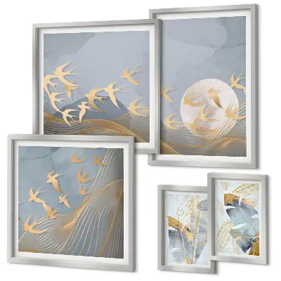 Bildergalerie-Set für die Wand mit dem Motiv stilvolle Vögel lassen die Blätter grau erscheinen