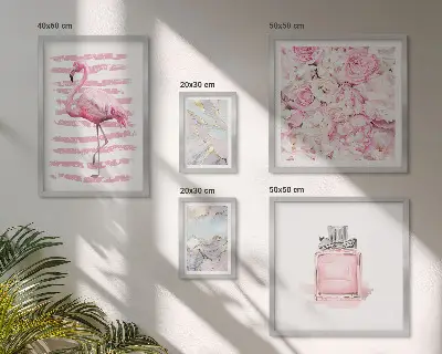 Bilderset fürs Sofa mit stilvollen rosa Flamingoblumen-Akzenten