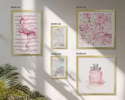 Bilderset fürs Sofa mit stilvollen rosa Flamingoblumen-Akzenten