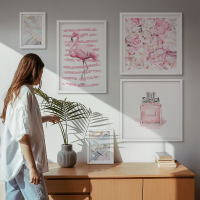 Bilderset fürs sofa Stilvolle rosa Akzente mit Flamingoblumen