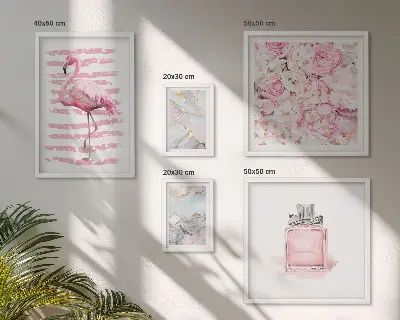 Bilderset fürs Sofa mit stilvollen rosa Flamingoblumen-Akzenten