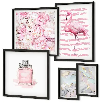 Bilderset fürs Sofa mit stilvollen rosa Flamingoblumen-Akzenten