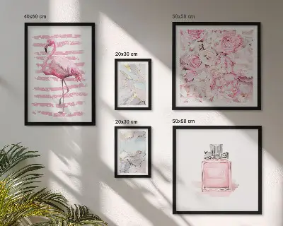 Bilderset fürs Sofa mit stilvollen rosa Flamingoblumen-Akzenten