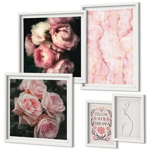 Modernes Wandbilder-Set mit rosa Blumen im Boho-Stil