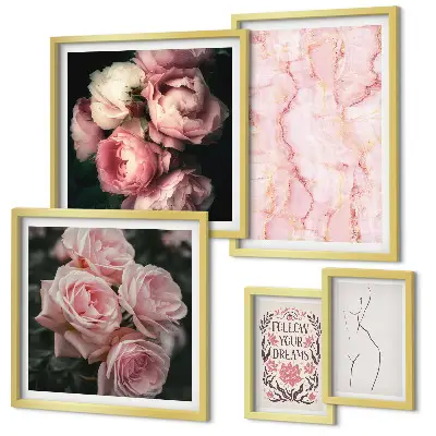 Modernes Wandbilder-Set mit rosa Blumen im Boho-Stil