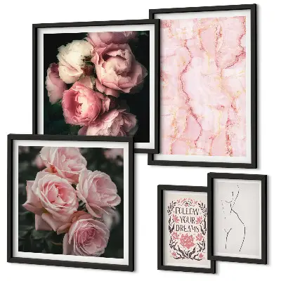 Modernes Wandbilder-Set mit rosa Blumen im Boho-Stil