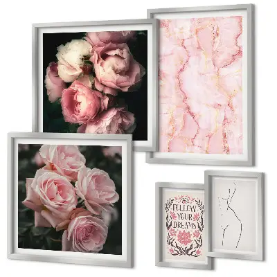 Modernes Wandbilder-Set mit rosa Blumen im Boho-Stil