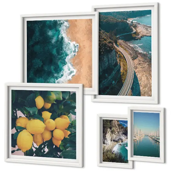 Modernes Wandbilder-Set mit Strandlandschaften und Zitrusfrüchten