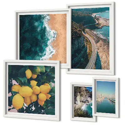 Modernes Wandbilder-Set mit Strandlandschaften und Zitrusfrüchten