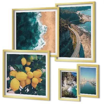 Modernes Wandbilder-Set mit Strandlandschaften und Zitrusfrüchten
