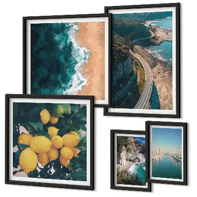 Modernes Wandbilder-Set mit Strandlandschaften und Zitrusfrüchten