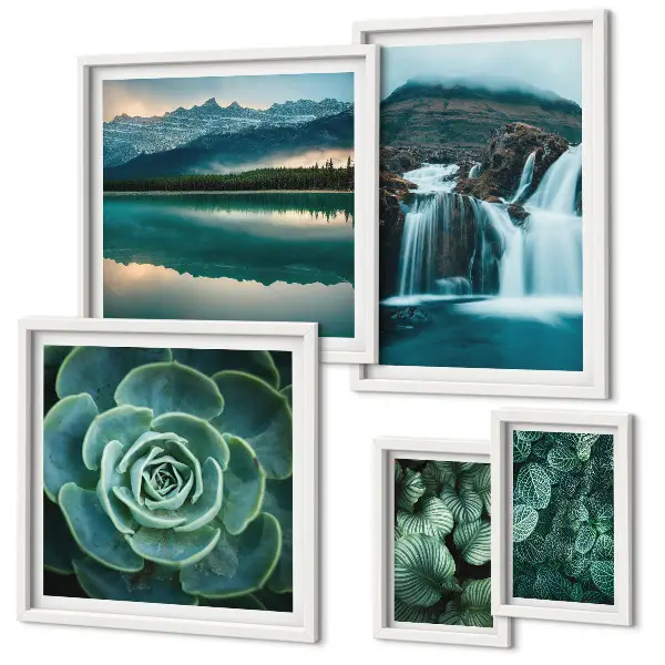 Bildergalerie-Set für die Wand mit Motiven von grünen Pflanzen, Wasserfällen und Natur