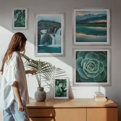 Bildergalerie-Set für die Wand mit Motiven von grünen Pflanzen, Wasserfällen und Natur
