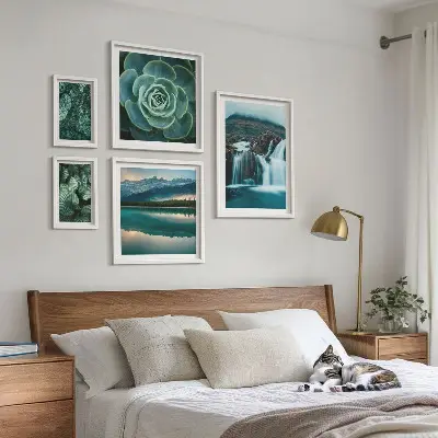 Bildergalerie-Set für die Wand mit Motiven von grünen Pflanzen, Wasserfällen und Natur