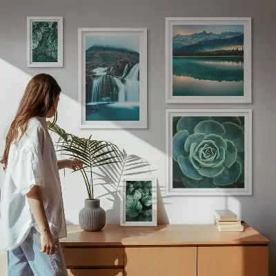 Bildergalerie-Set für die Wand mit Motiven von grünen Pflanzen, Wasserfällen und Natur