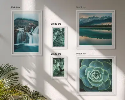 Bildergalerie-Set für die Wand mit Motiven von grünen Pflanzen, Wasserfällen und Natur