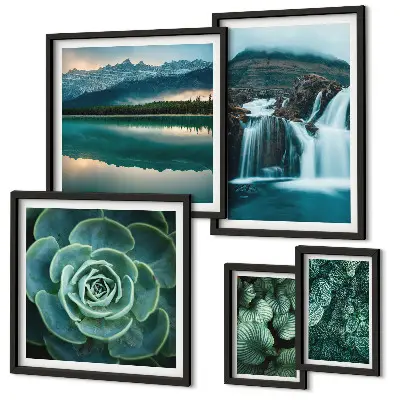 Bildergalerie-Set für die Wand mit Motiven von grünen Pflanzen, Wasserfällen und Natur