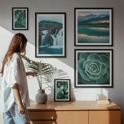 Bildergalerie-Set für die Wand mit Motiven von grünen Pflanzen, Wasserfällen und Natur