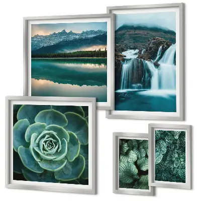 Bildergalerie-Set für die Wand mit Motiven von grünen Pflanzen, Wasserfällen und Natur