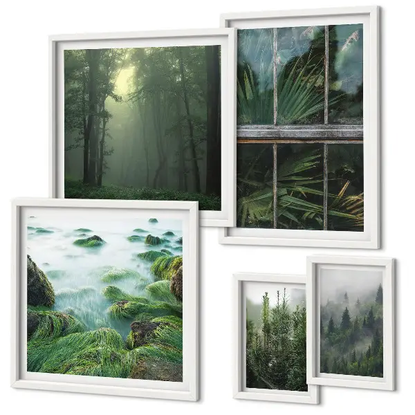 Modernes Wandbilder-Set mit grünen Landschaften, Wäldern und Vegetation